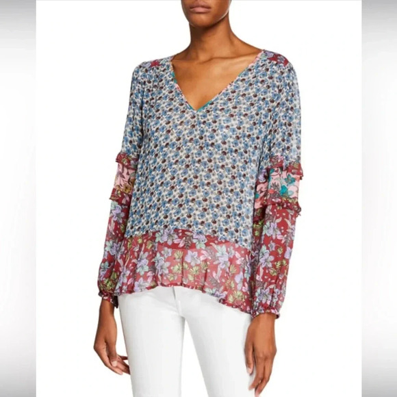 ! Johnny Was Rashida Mixed Print V-Neck Georgette Top Multi - Picture 1 of 5